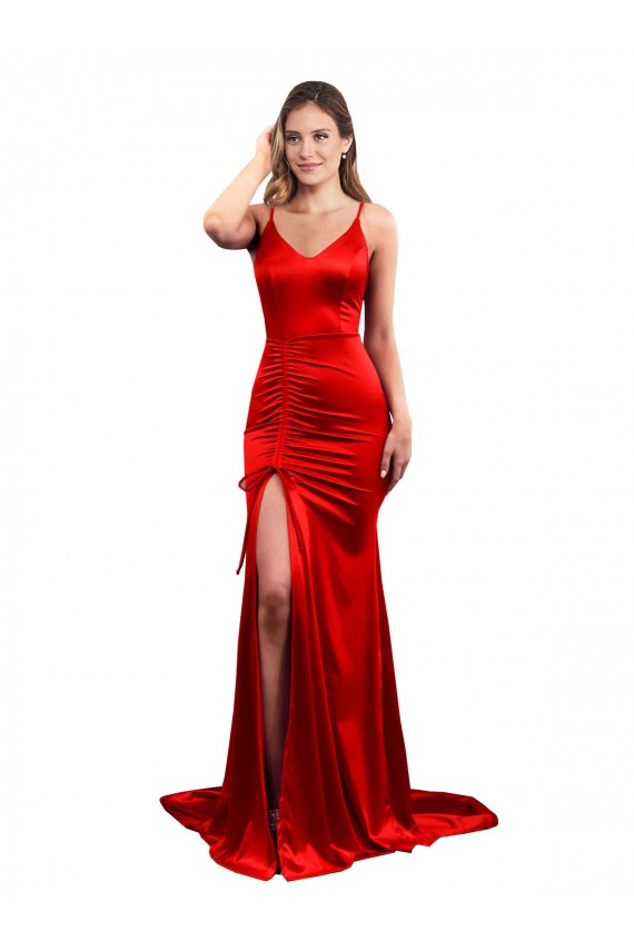 Rouge Sirène Satiné Stretch Longue Formelles Robes demoiselle d'honneur / Robes de soirée / Robes de bal en Gros