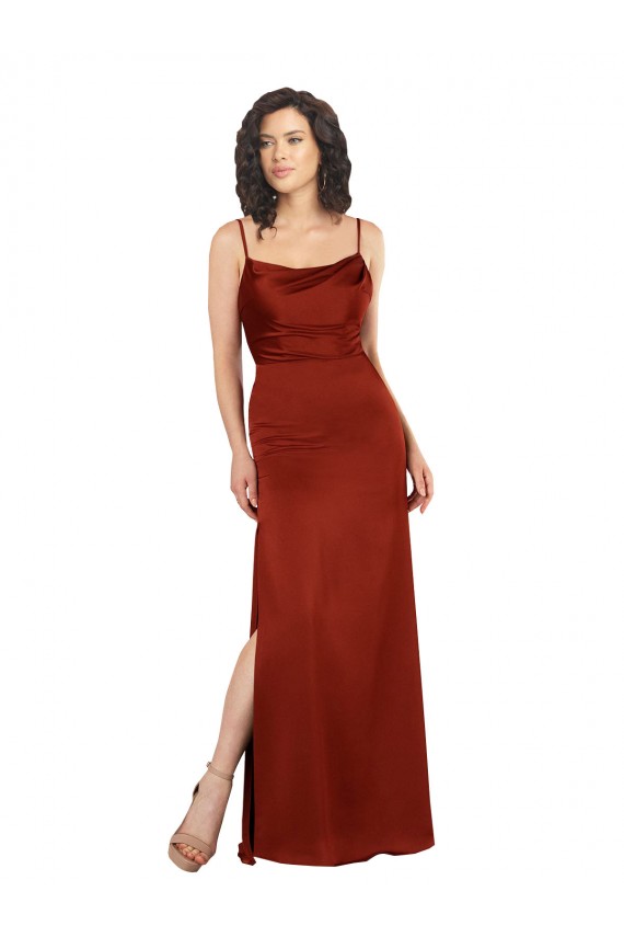 Rouge Trapèze Bretelles spaghetti Col Carré Satiné Soyeux Longue Formelles Robes demoiselle d'honneur / Robes de soirée / Robes de bal en Gros