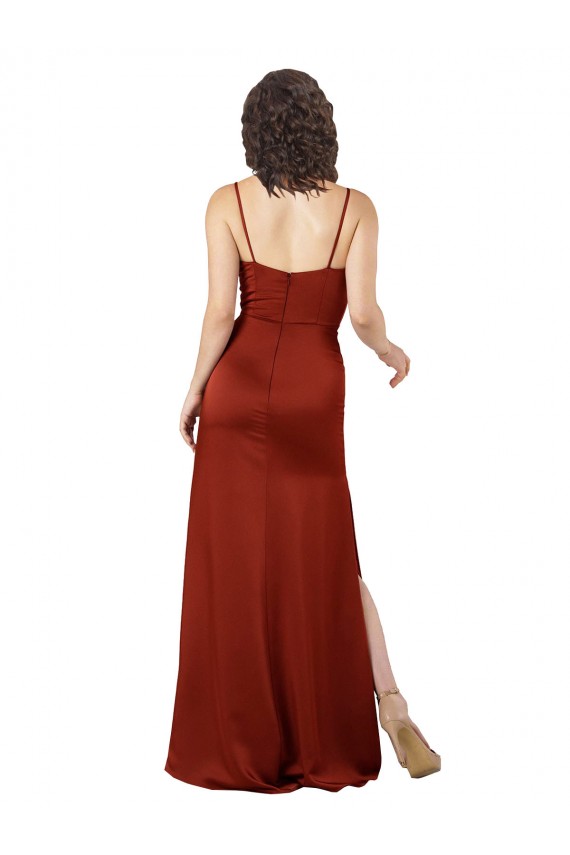 Rouge Trapèze Bretelles spaghetti Col Carré Satiné Soyeux Longue Formelles Robes demoiselle d'honneur / Robes de soirée / Robes de bal en Gros