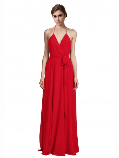 Rouge Trapèze Bretelles spaghetti Col V Mousseline Longue Robes demoiselle d'honneur en Gros
