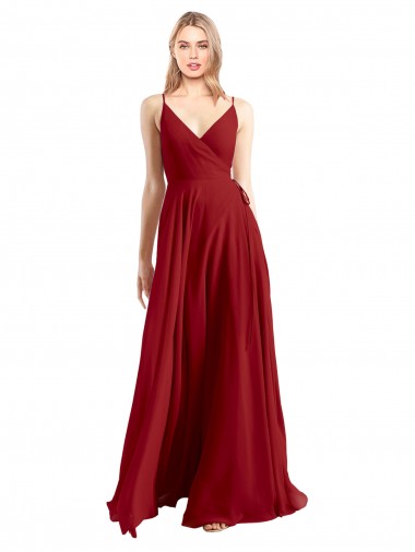 Rouge Trapèze Bretelles spaghetti Col V Mousseline Longue Robes demoiselle d'honneur en Gros