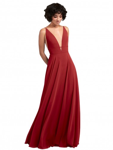 Rouge Trapèze Col V Mousseline Longue Robes demoiselle d'honneur en Gros