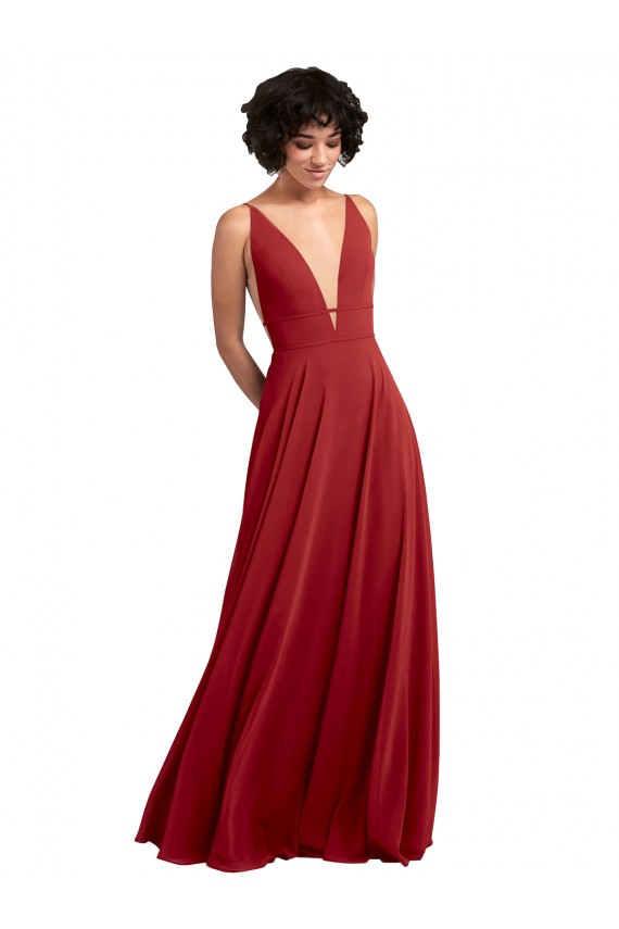 Rouge Trapèze Col V Mousseline Longue Robes demoiselle d'honneur en Gros