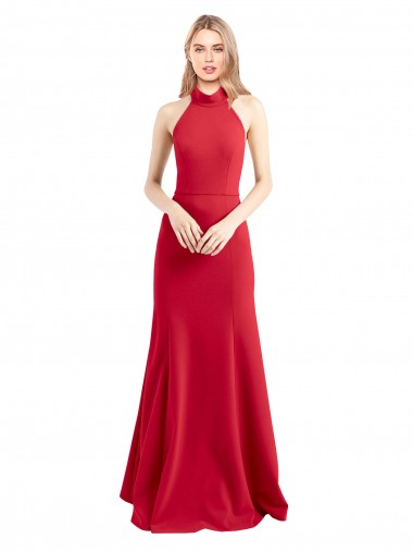 Rouge Trapèze Licou Col Haut Crêpe Stretch Longue Formelles Robes demoiselle d'honneur / Robes de soirée / Robes de bal en Gros