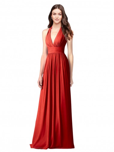 Rouge Trapèze Licou Col V Mousseline Longue Robes demoiselle d'honneur en Gros