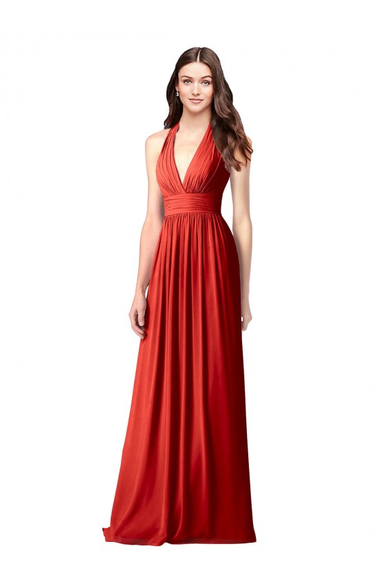 Rouge Trapèze Licou Col V Mousseline Longue Robes demoiselle d'honneur en Gros