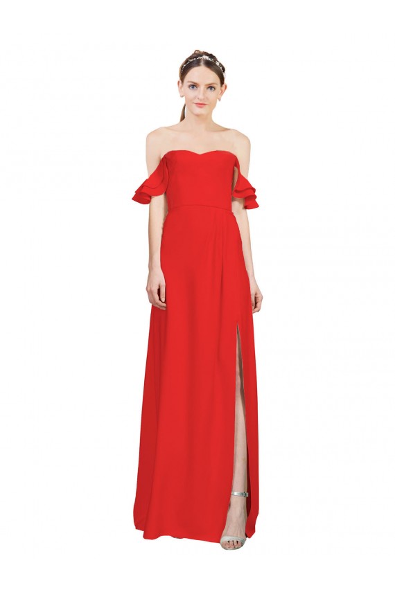 Rouge Trapèze Épaule Dénudée Crêpe Stretch Longue Formelles Robes demoiselle d'honneur / Robes de soirée / Robes de bal en Gros