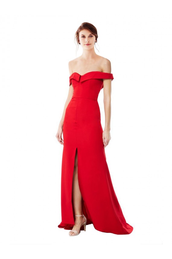 Rouge Trapèze Épaule Dénudée Crêpe Stretch Longue Formelles Robes demoiselle d'honneur / Robes de soirée / Robes de bal en Gros