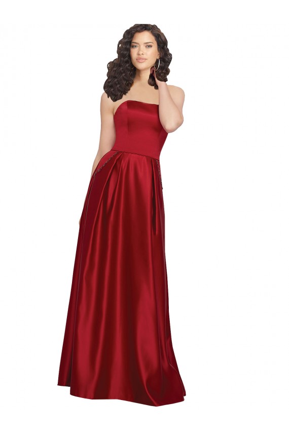 Rouge foncé Trapèze Sans bretelle Satiné Longue Robes demoiselle d'honneur / Robes de bal en Gros