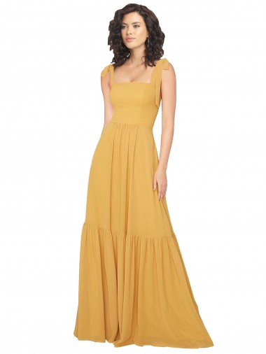Safran Trapèze Col Carré Mousseline Longue Robes demoiselle d'honneur en Gros