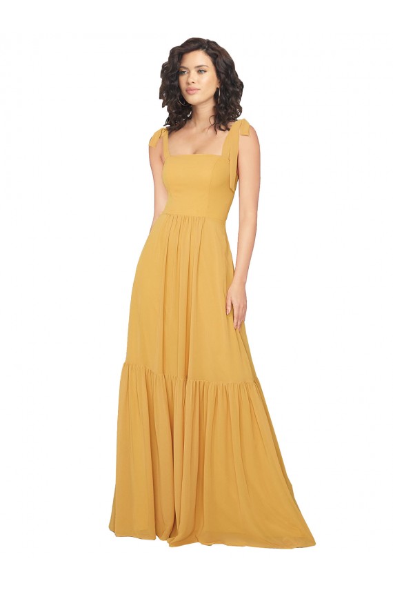 Safran Trapèze Col Carré Mousseline Longue Robes demoiselle d'honneur en Gros