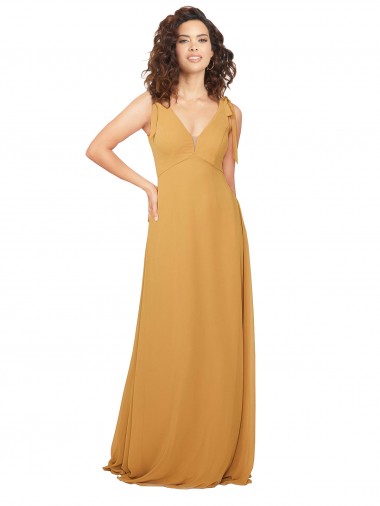 Safran Trapèze Col V Mousseline Longue Robes demoiselle d'honneur en Gros
