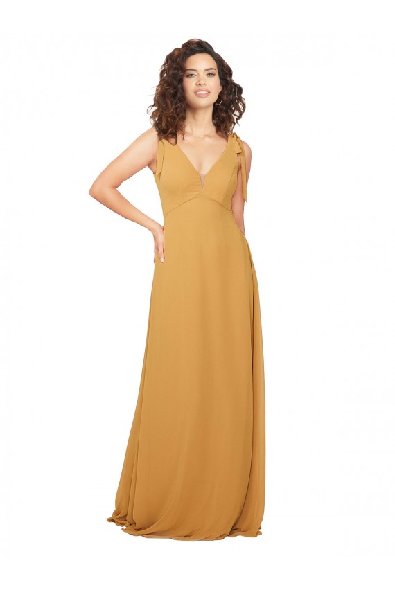 Safran Trapèze Col V Mousseline Longue Robes demoiselle d'honneur en Gros