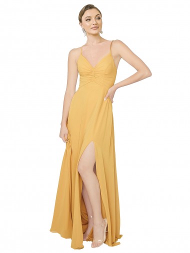 Safran Trapèze Col V Mousseline Longue Robes demoiselle d'honneur en Gros