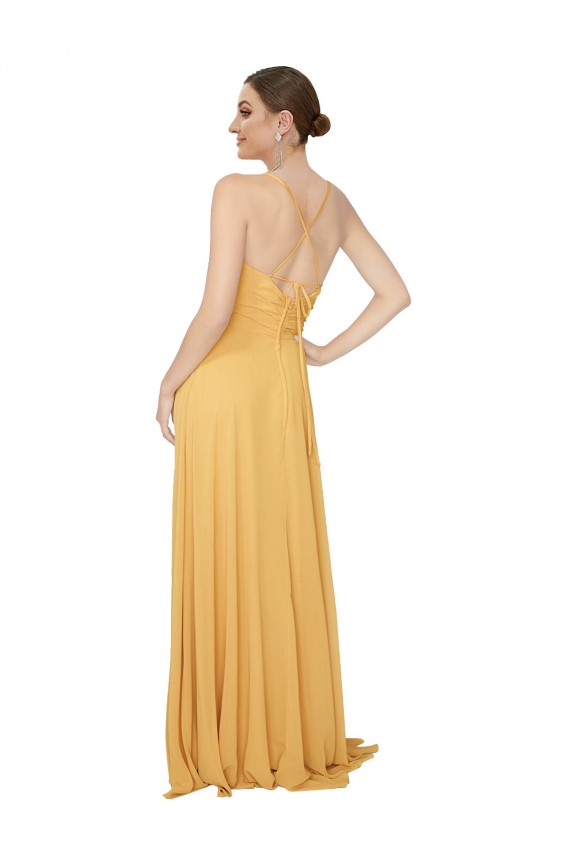 Safran Trapèze Col V Mousseline Longue Robes demoiselle d'honneur en Gros