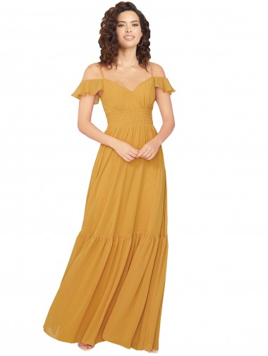 Safran Trapèze Col V Mousseline Longue Robes demoiselle d'honneur en Gros