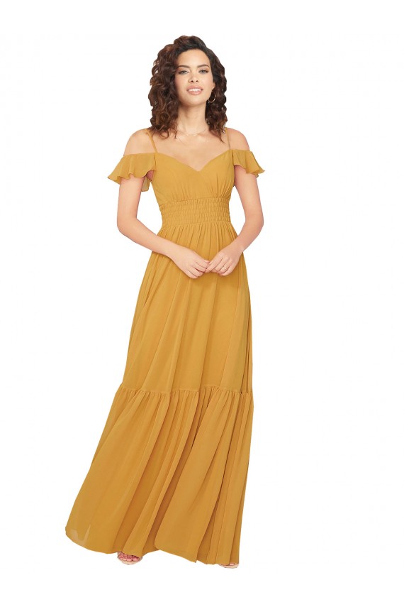 Safran Trapèze Col V Mousseline Longue Robes demoiselle d'honneur en Gros
