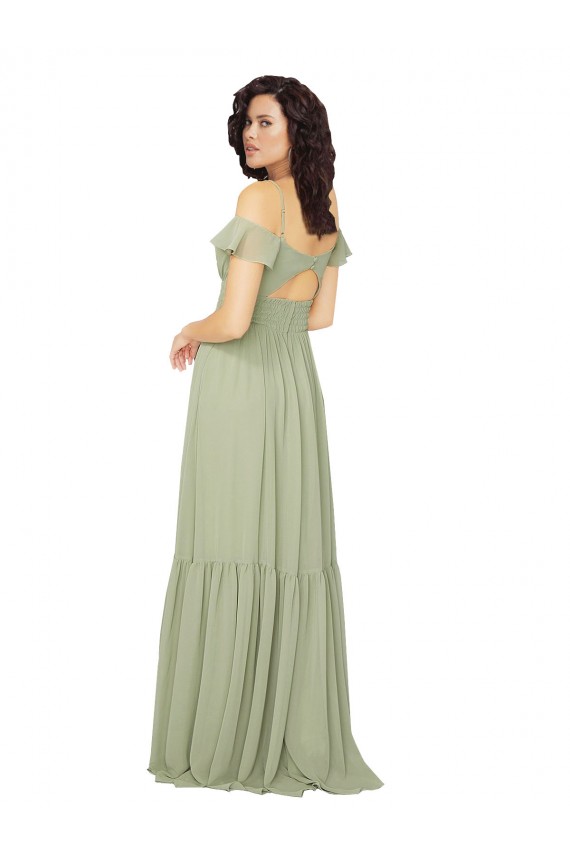 Safran Trapèze Col V Mousseline Longue Robes demoiselle d'honneur en Gros