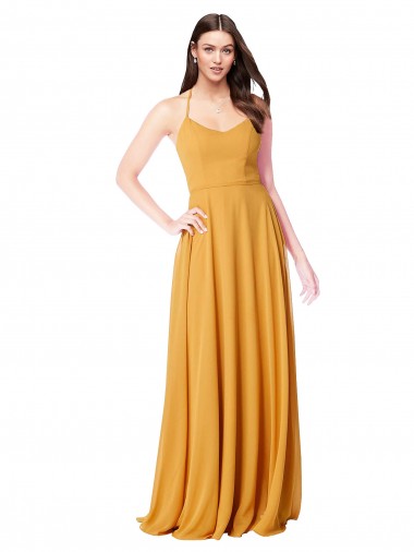 Safran Trapèze Col V Mousseline Longue Robes demoiselle d'honneur en Gros