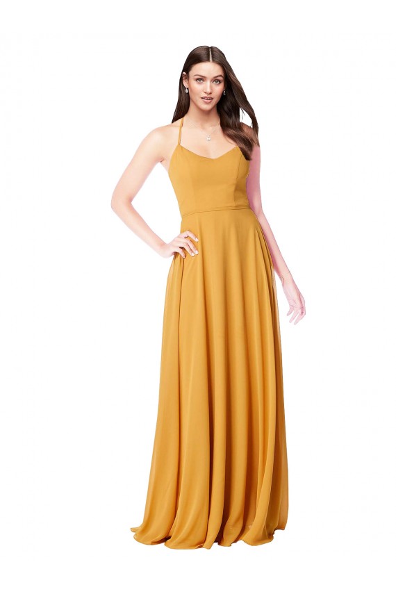 Safran Trapèze Col V Mousseline Longue Robes demoiselle d'honneur en Gros