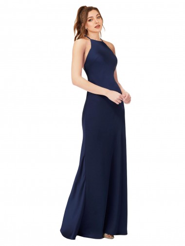 Saphir Fourreau Col Haut Satiné Soyeux Longue Formelles Robes demoiselle d'honneur / Robes de soirée / Robes de bal en Gros