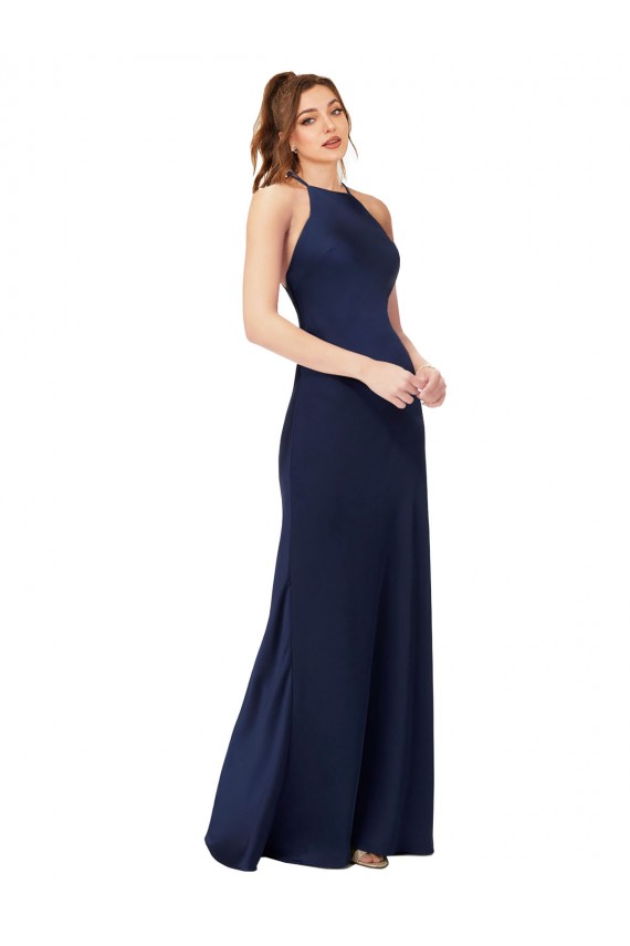 Saphir Fourreau Col Haut Satiné Soyeux Longue Formelles Robes demoiselle d'honneur / Robes de soirée / Robes de bal en Gros