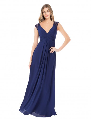 Saphir Trapèze Col V Mousseline Longue Robes demoiselle d'honneur en Gros