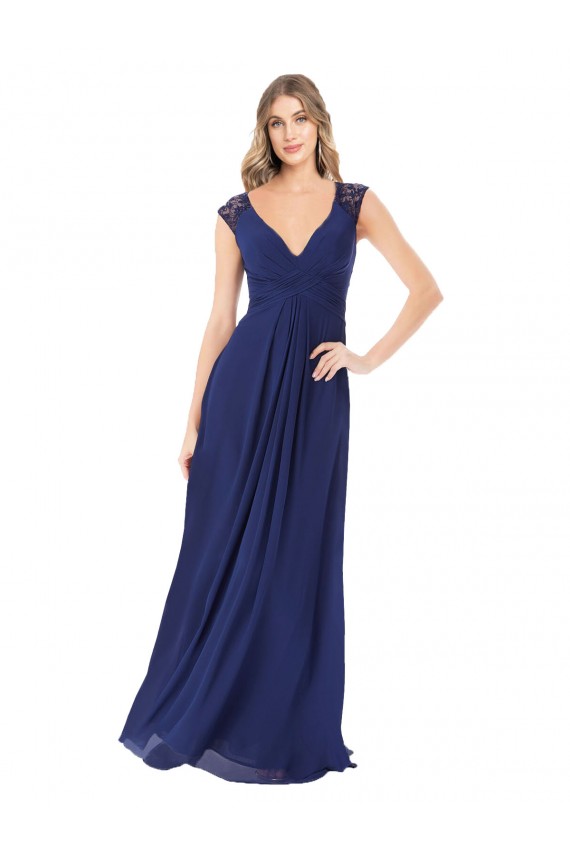 Saphir Trapèze Col V Mousseline Longue Robes demoiselle d'honneur en Gros