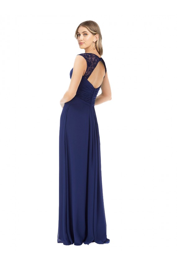 Saphir Trapèze Col V Mousseline Longue Robes demoiselle d'honneur en Gros