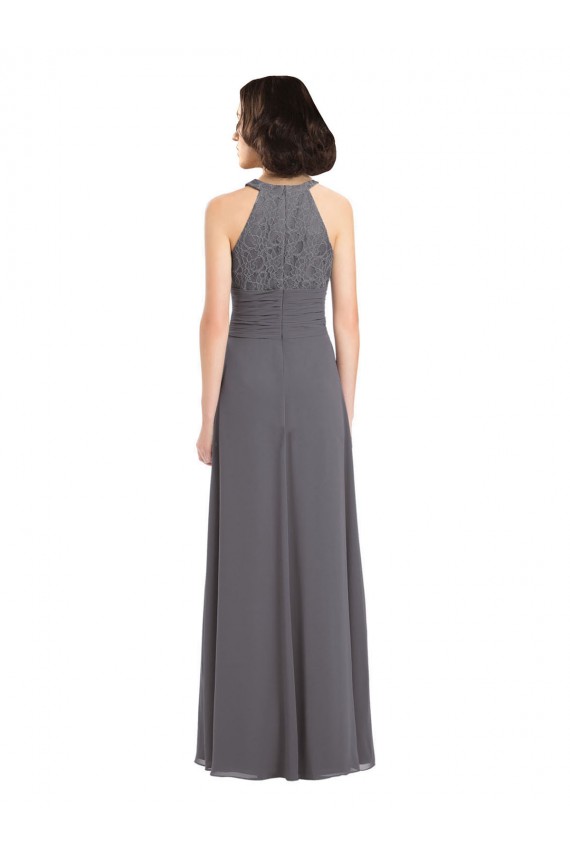 Stormy Silver Trapèze Licou Mousseline Dentelle Longue Robes demoiselle d'honneur en Gros