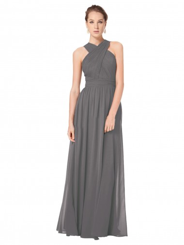 Stormy Silver Trapèze Licou Mousseline Longue Robes demoiselle d'honneur en Gros