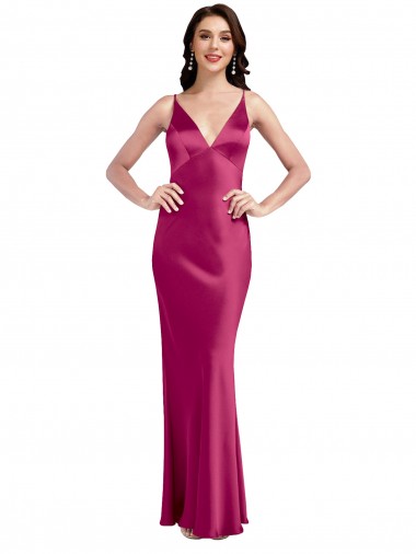 Trapèze Bretelles spaghetti Col V Satiné Stretch Longue Formelles Robes demoiselle d'honneur / Robes de soirée / Robes de bal en Gros