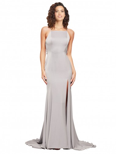 Trapèze Col Haut Balayage train Satiné Stretch Longue Formelles Robes demoiselle d'honneur / Robes de soirée / Robes de bal en Gros