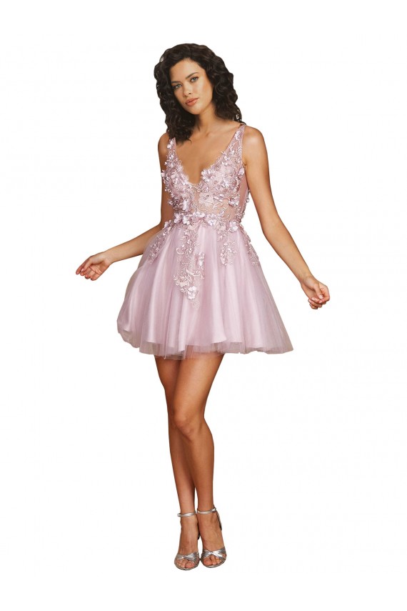 Trapèze Col V Courte Tulle Courte Robes demoiselle d'honneur / Robes de cocktail en Gros