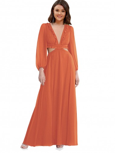 Trapèze Col V Mousseline Longue Asymétrique Robes demoiselle d'honneur en Gros
