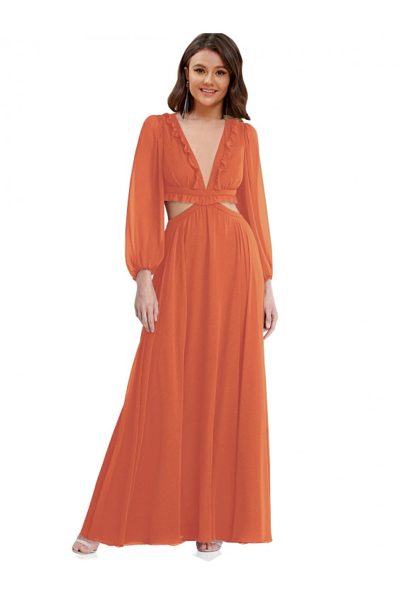 Trapèze Col V Mousseline Longue Asymétrique Robes demoiselle d'honneur en Gros