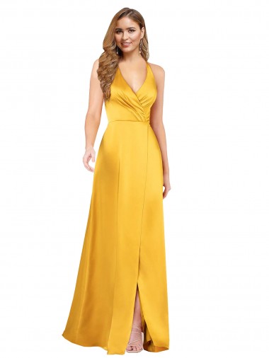Trapèze Col V Satiné Soyeux Longue Asymétrique Formelles Robes demoiselle d'honneur / Robes de soirée / Robes de bal en Gros