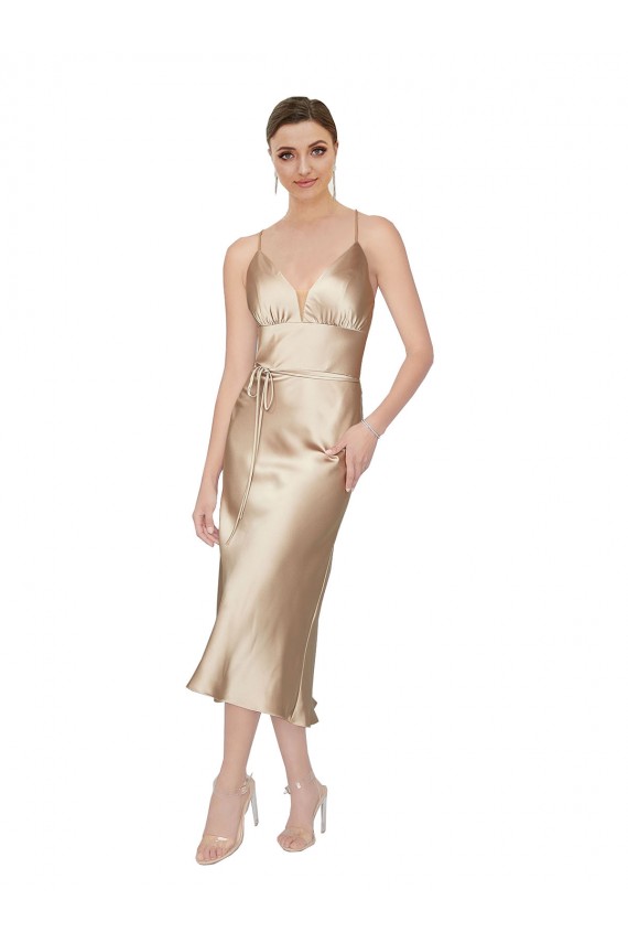 Trapèze Col V midi Satiné Soyeux Courte Robes demoiselle d'honneur / Robes de soirée / Robes de cocktail en Gros