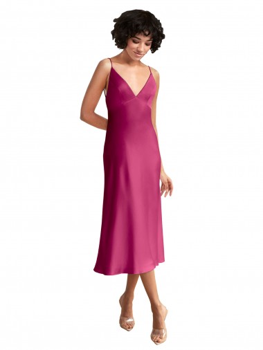 Trapèze Col V midi Satiné Stretch Courte Robes demoiselle d'honneur / Robes de soirée / Robes de cocktail en Gros
