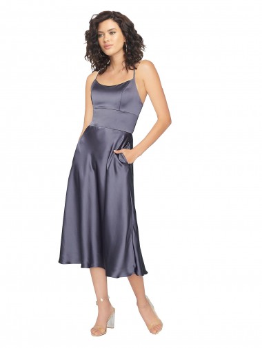 Trapèze Scoop midi Satiné Soyeux Courte Robes demoiselle d'honneur / Robes de bal / Robes de cocktail en Gros