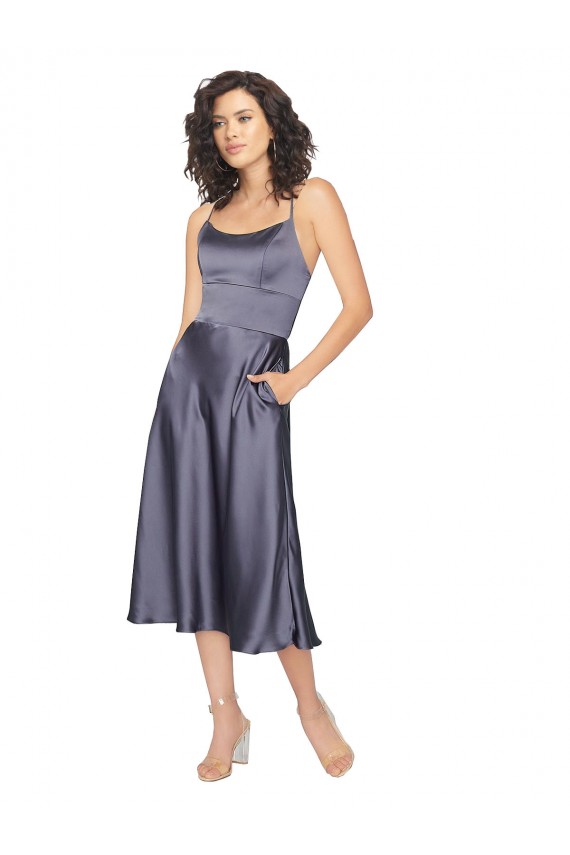 Trapèze Scoop midi Satiné Soyeux Courte Robes demoiselle d'honneur / Robes de bal / Robes de cocktail en Gros