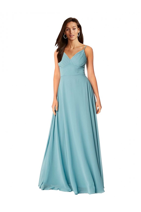 Turquoise Trapèze Col V Mousseline Longue Robes demoiselle d'honneur en Gros