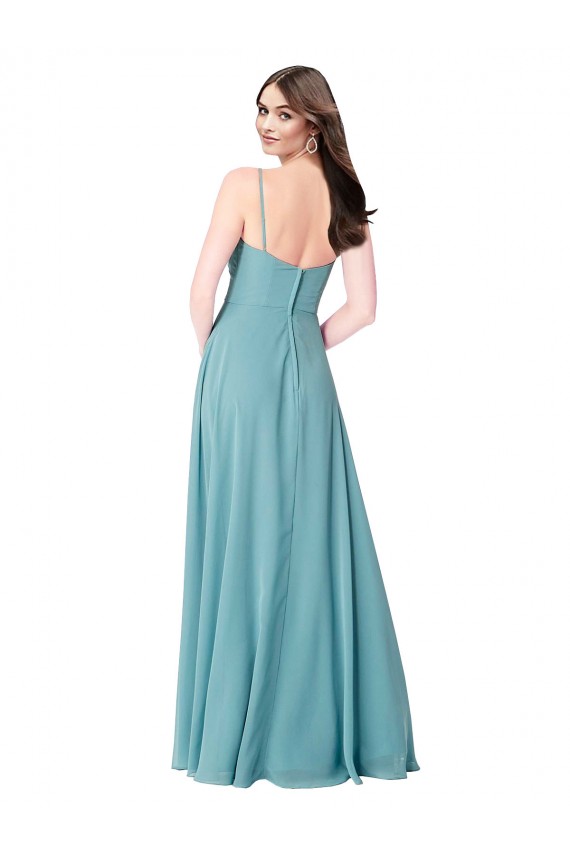 Turquoise Trapèze Col V Mousseline Longue Robes demoiselle d'honneur en Gros