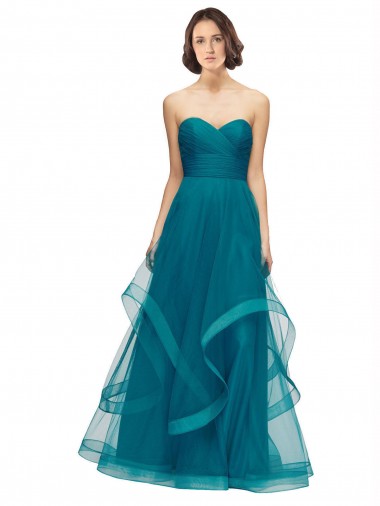 Turquoise Trapèze Sans bretelle Tulle Longue Robes demoiselle d'honneur en Gros