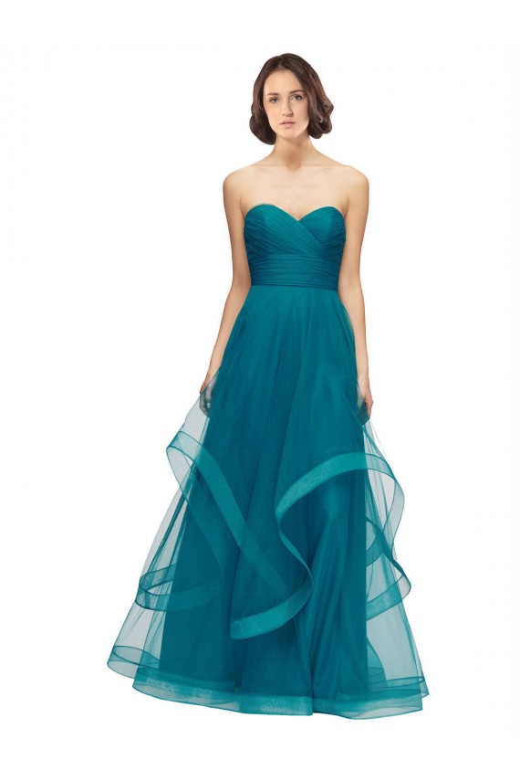 Turquoise Trapèze Sans bretelle Tulle Longue Robes demoiselle d'honneur en Gros