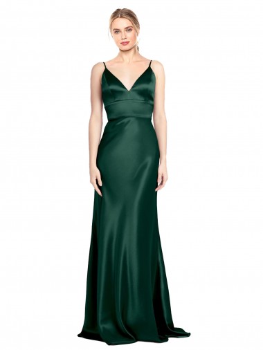 Vert Chasseur Fourreau Bretelles spaghetti Col V Satiné Stretch Longue Formelles Robes demoiselle d'honneur / Robes de soirée / Robes de bal en Gros