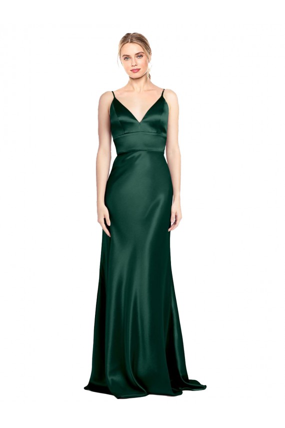 Vert Chasseur Fourreau Bretelles spaghetti Col V Satiné Stretch Longue Formelles Robes demoiselle d'honneur / Robes de soirée / Robes de bal en Gros