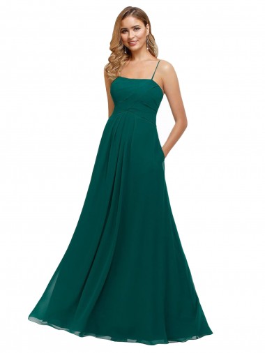 Vert Chasseur Trapèze Bretelles spaghetti Col Carré Mousseline Longue Robes demoiselle d'honneur en Gros