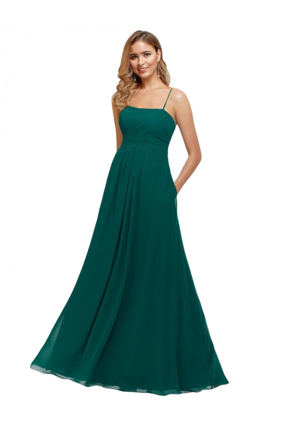 Vert Chasseur Trapèze Bretelles spaghetti Col Carré Mousseline Longue Robes demoiselle d'honneur en Gros