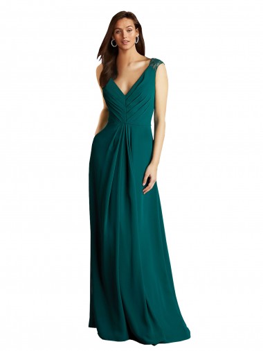 Vert Chasseur Trapèze Col V Mousseline Dentelle Longue Robes demoiselle d'honneur en Gros